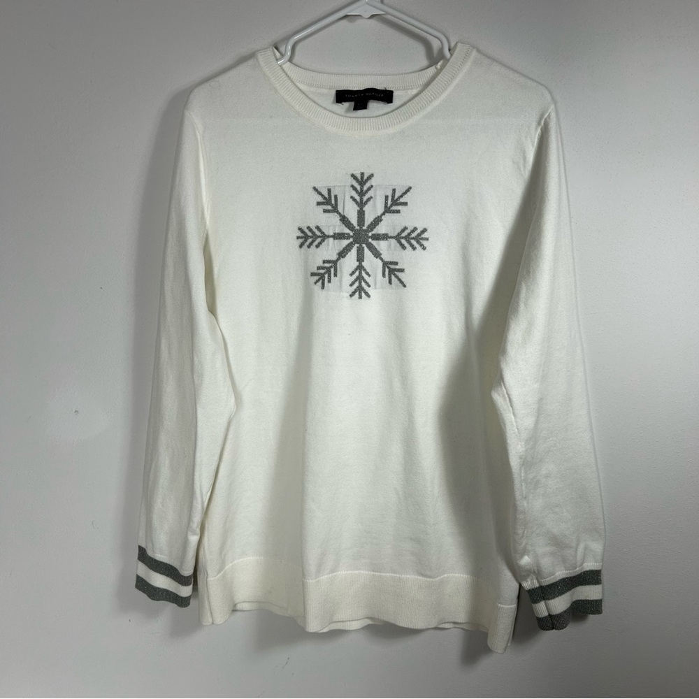 Tommy Hilfiger White Sweater Gray Snowflake and Sleeve Stripes Size L
